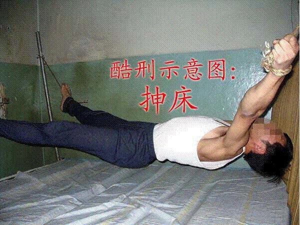 Reenactment of stretching torture. (<a href="https://en.minghui.org/">Minghui.org</a>)