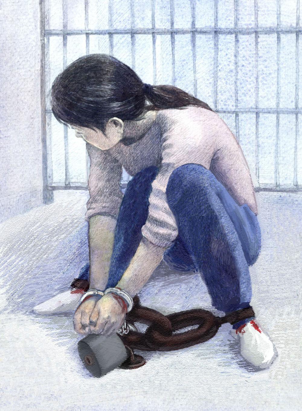 Illustration: Shackled to the ground. (<a href="https://en.minghui.org/">Minghui.org</a>)