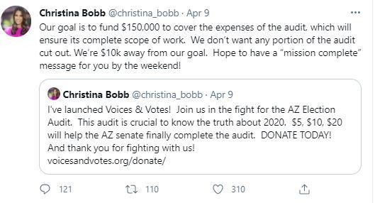 Christina Bobb, a One America News anchor, solicits funds for the Maricopa County election audit. (Twitter/Screenshot via The Epoch Times)