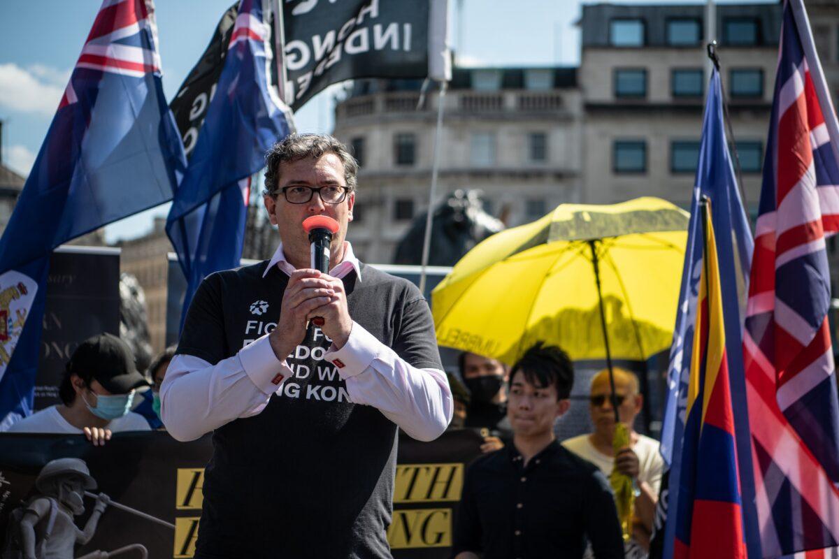 Campaigner Benedict Rogers speaks at a rally for democracy in Hong Kong at Trafalgar Square in London, England, on June 12, 2021. (Laurel Chor/Getty Images)