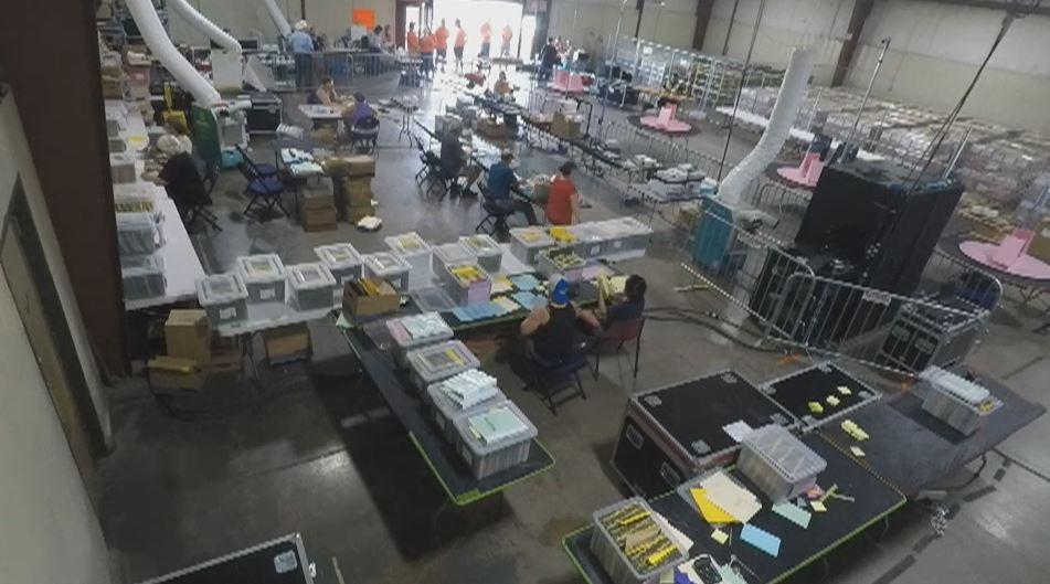 Audit teams work in Phoenix, Ariz., on July 14, 2021, in a still from real-time camera footage released by AZaudit. (AZAudit.org/Screenshot via The Epoch Times)
