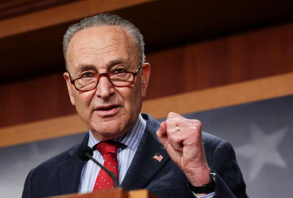 Senate Majority Leader Chuck Schumer (D-N.Y.) speaks to reporters at the U.S. Capitol in Washington on March 25, 2021. (Jonathan Ernst/Pool/Getty Images)