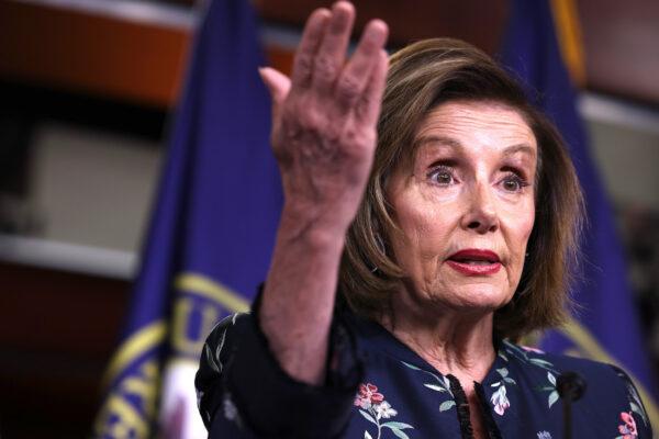 House Speaker Nancy Pelosi (D-Calif.) gestures during her weekly news conference at the Capitol building in Washington, D.C., on July 22, 2021. (Anna Moneymaker/Getty Images)