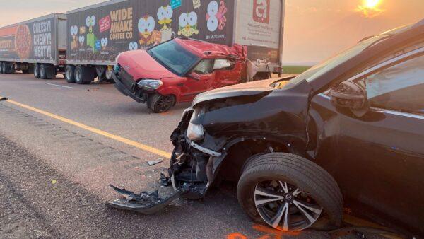 Several of the vehicles involved in a fatal pileup are seen on Interstate 15 in Millard County, near the town of Kanosh, Utah, on July 25, 2021. (Utah Highway Patrol via AP)
