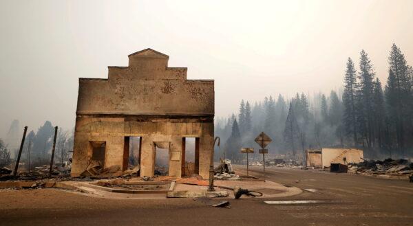 View of a burned-out commercial building following the Dixie Fire, a wildfire that tore through the town of Greenville, Calif., on Aug. 5, 2021. (Fred Greaves/Reuters)