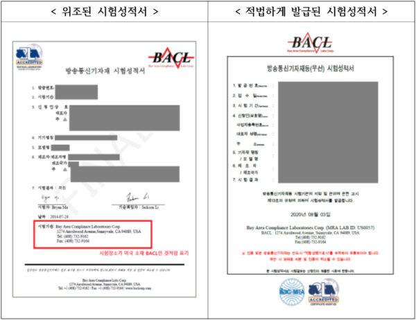 A forged test report issued by a Chinese branch of Bay Area Compliance Laboratory Corp (BACL) (L) compared to a legitimate test report (R). The falsified test report lists the test site as being in the United States. (Courtesy of Ministry of Science and Technology of South Korea)