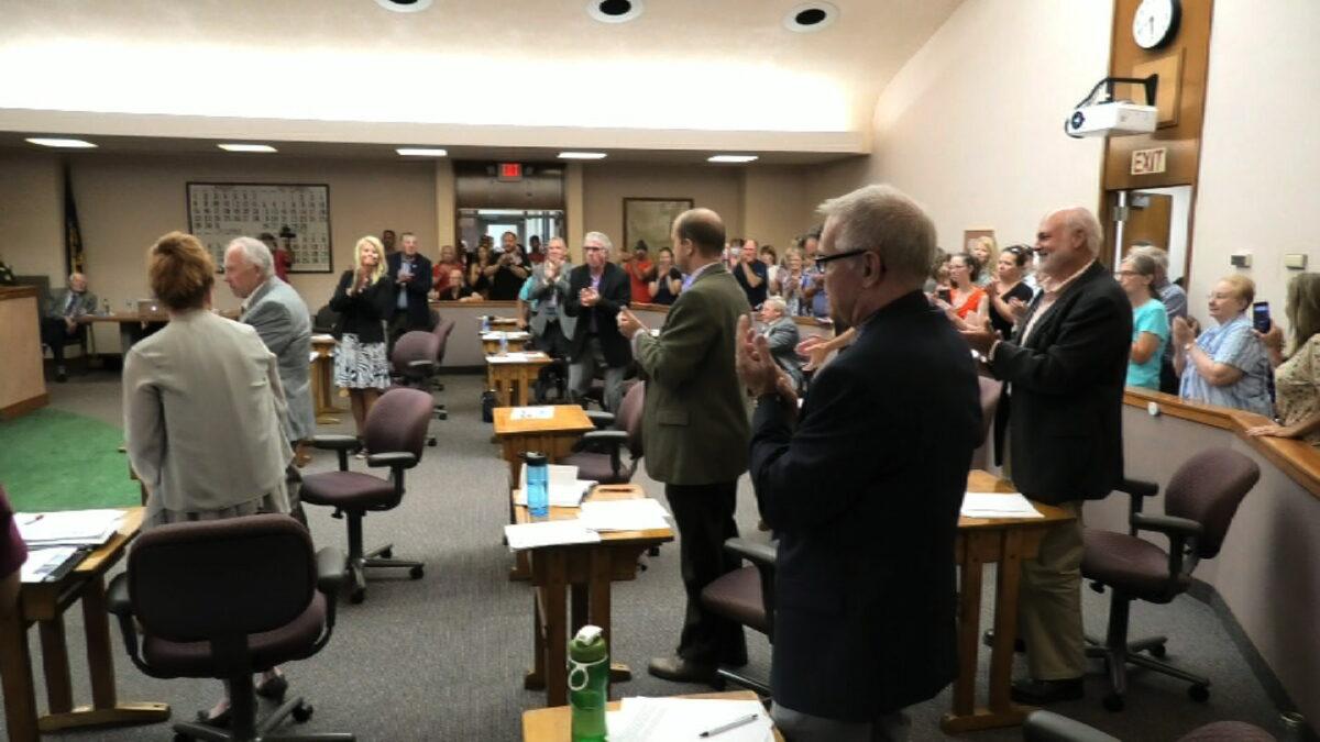 A crowd responds to the passing of the resolution to make Cattaraugus County a constitutional county with a standing ovation. (Courtesy Cattaraugus County)