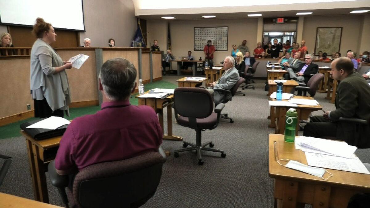 Ginger Schroder, who drafted the resolution to make Cattaraugus County a "Constitutional County," speaks to the county legislature urging the resolution's passage. (Courtesy Cattaraugus Country)