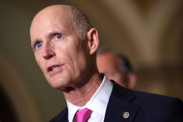 U.S. Sen. Rick Scott (R-Fla.) speaks to reporters after a Republican Senate luncheon at the U.S. Capitol Building in Washington on June 15, 2021. (Kevin Dietsch/Getty Images)