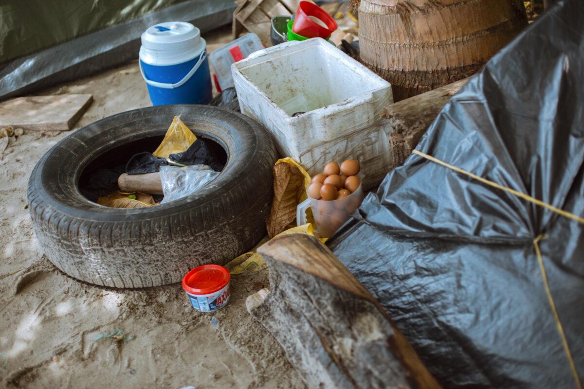 Eggs outside a Haitian migrant's tent on Oct. 13, 2021. (Alejandro Gomez for The Epoch Times)