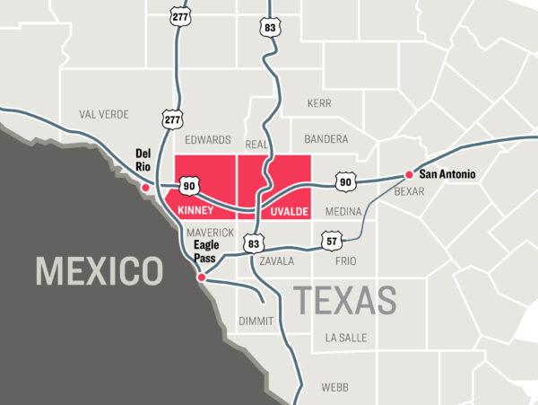 The Texas–Mexico border where Kinney and Uvalde counties sit. (The Epoch Times)