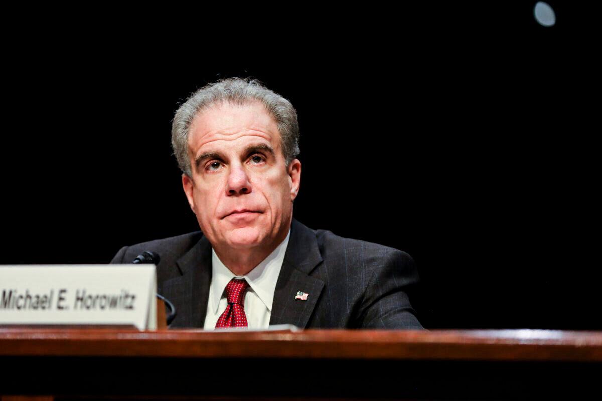 Department of Justice Inspector General Michael Horowitz testifies before the Senate Judiciary Committee in Washington on Dec. 11, 2019. (Charlotte Cuthbertson/The Epoch Times)