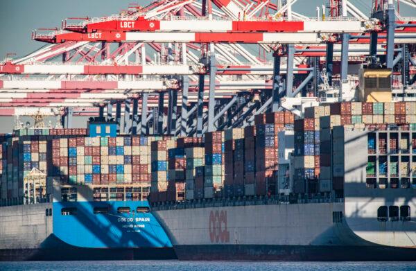Cargo awaits unloading from ships off the Port of Long Beach, Calif., on Oct. 27, 2021. (John Fredricks/The Epoch Times)