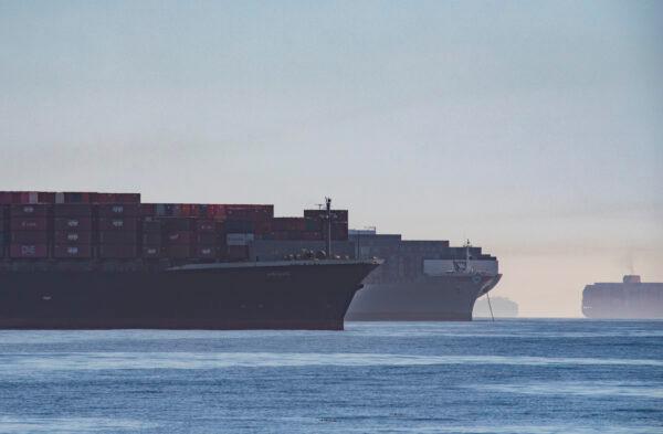 Cargo awaits unloading from ships off the Port of Long Beach, Calif., on Oct. 27, 2021. (John Fredricks/The Epoch Times)