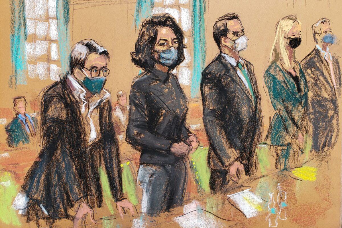 Ghislaine Maxwell (2nd L), the Jeffrey Epstein associate accused of sex trafficking, stands before U.S. District Judge Alison J. Nathan with her defense team during a pre-trial hearing ahead of jury selection in a courtroom sketch in New York City on Nov. 15, 2021. (Jane Rosenberg/Reuters)