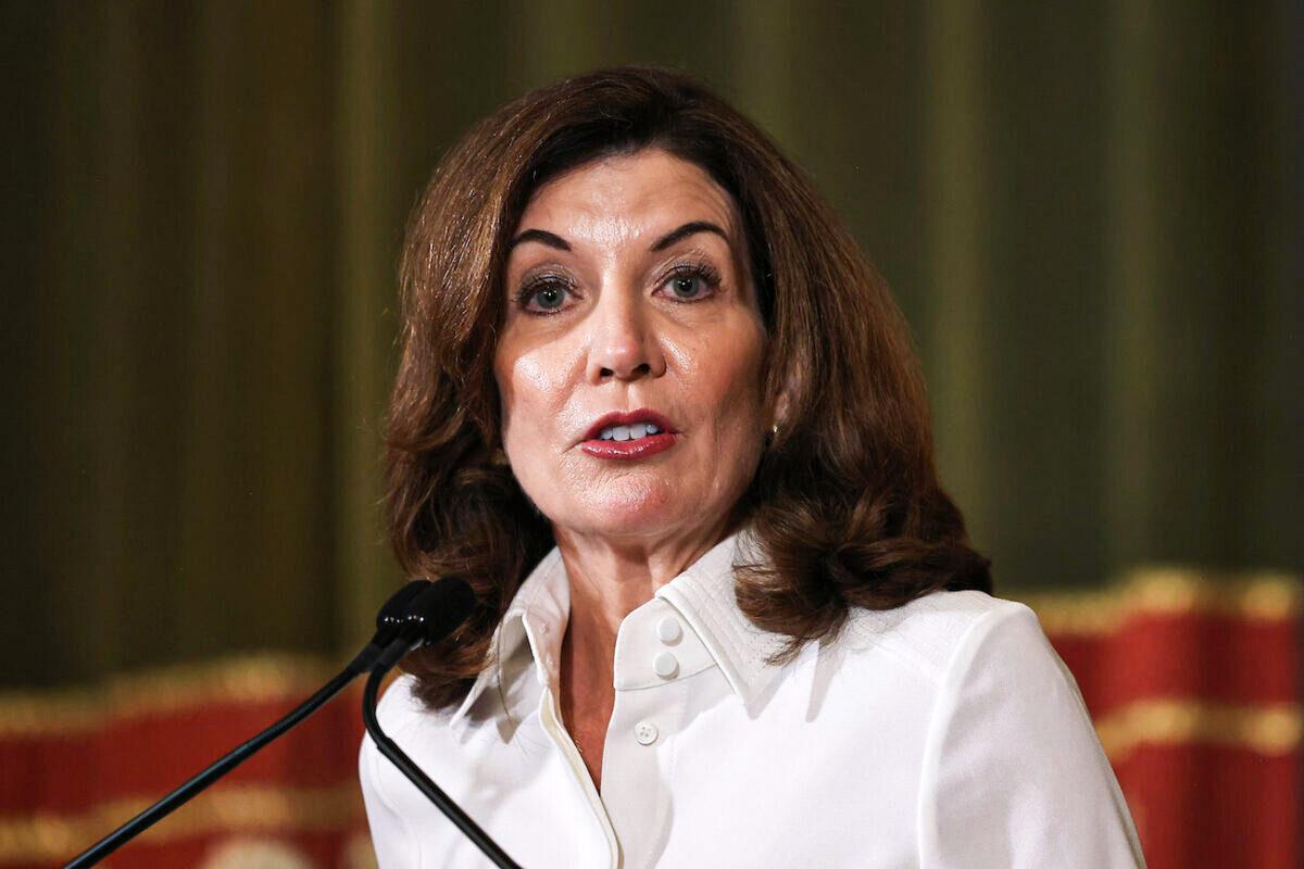 New York Gov. Kathy Hochul speaks at the New York State Capitol in Albany, N.Y., on Aug. 24, 2021. (Michael M. Santiago/Getty Images)