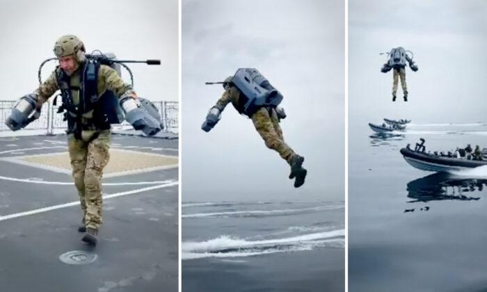 Watch Mind-Blowing Footage of Actual Jet Suit Flying Between 2 Fast Moving Royal Navy Boats