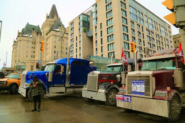Trucks are parked in downtown Ottawa as demonstrators continue to protest COVID-19 mandates and restrictions on Feb. 2, 2022. (Jonathan Ren/The Epoch Times)