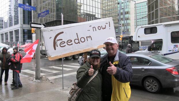 Protesters demonstrate against COVID-19 mandates and restrictions in Ottawa on Feb. 10, 2022. (Annie Wu/NTD Television)