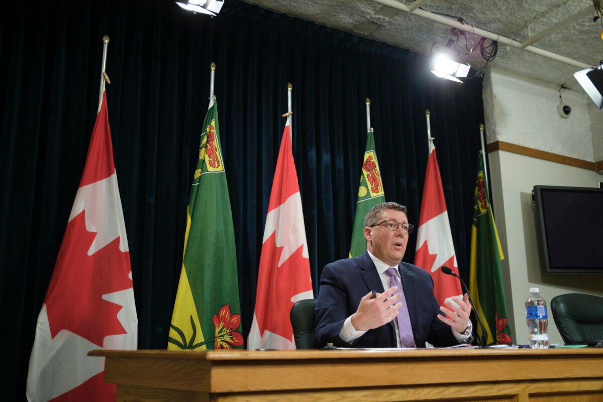 Saskatchewan Premier Scott Moe at a press conference before the throne speech at the legislative building in Regina on Oct. 27, 2021. (The Canadian Press/Michael Bell)