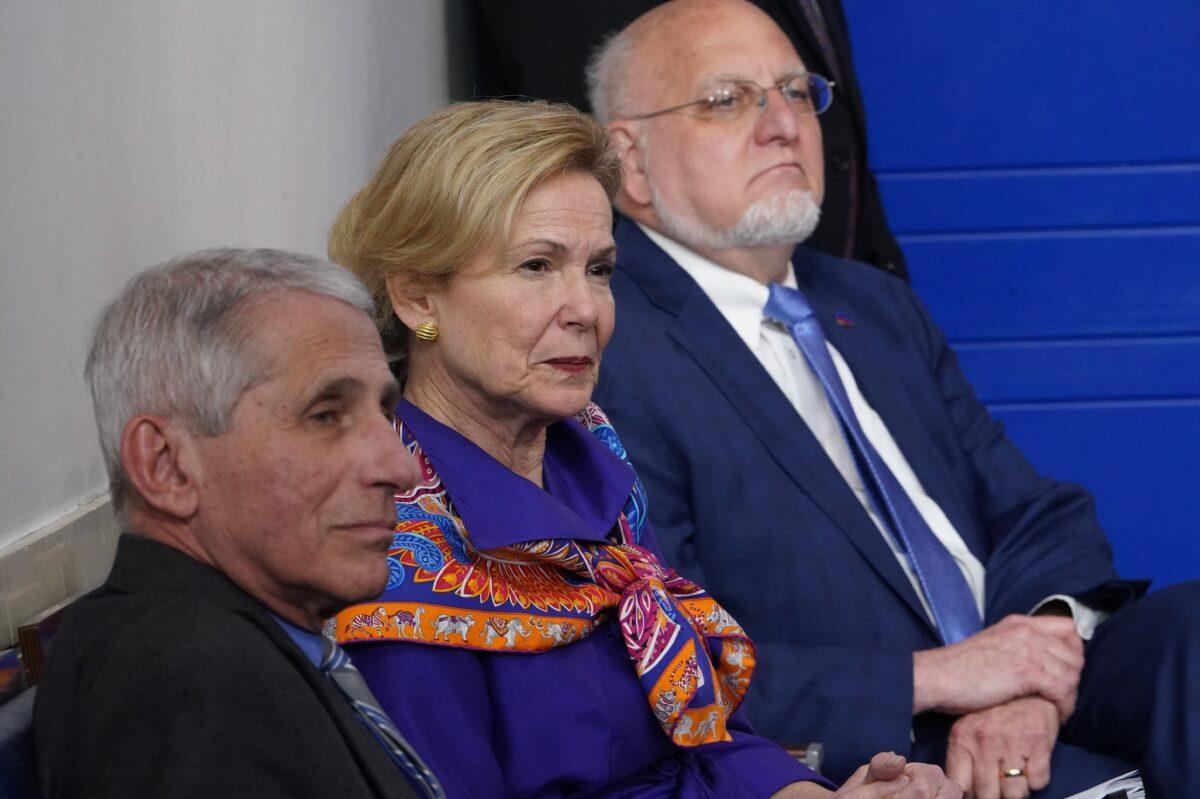 Director of the National Institute of Allergy and Infectious Diseases Anthony Fauci (L), response coordinator for the White House Coronavirus Task Force Deborah Birx (C), and CDC Director Robert Redfield (R) attend the daily briefing on the novel coronavirus, COVID-19, in the Brady Briefing Room at the White House in Washington on April 8, 2020. ( Mandel Ngan/AFP via Getty Images)