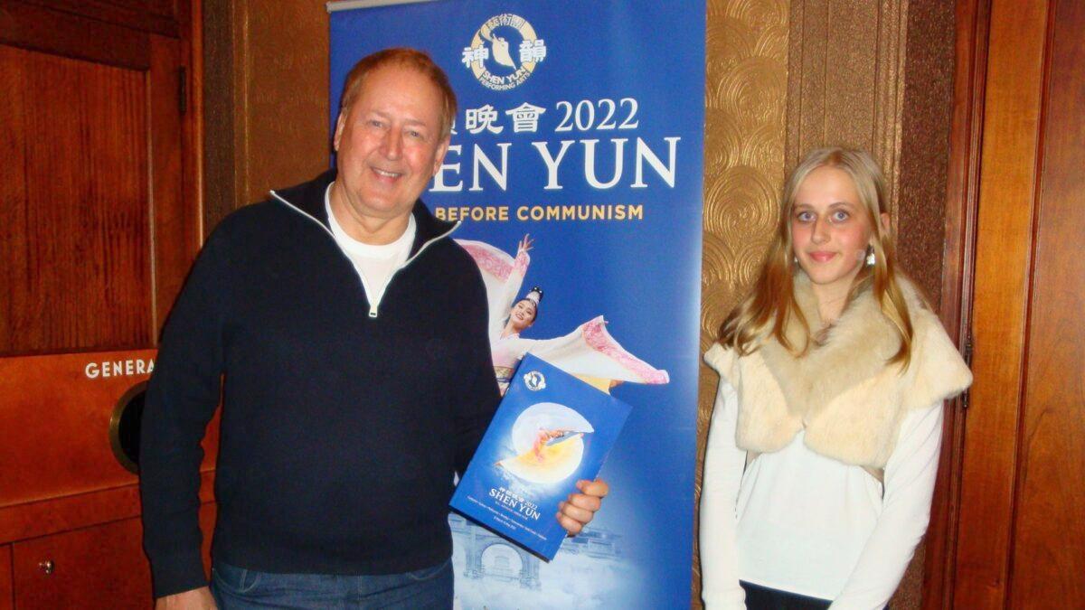 Alexander King (L), CEO of Eden, a science research organisation, attended Shen Yun performing arts with daughter Zarina (R) at the Palais Theatre in Melbourne, Australia on April 23, 2022. (Rita Li/The Epoch Times)