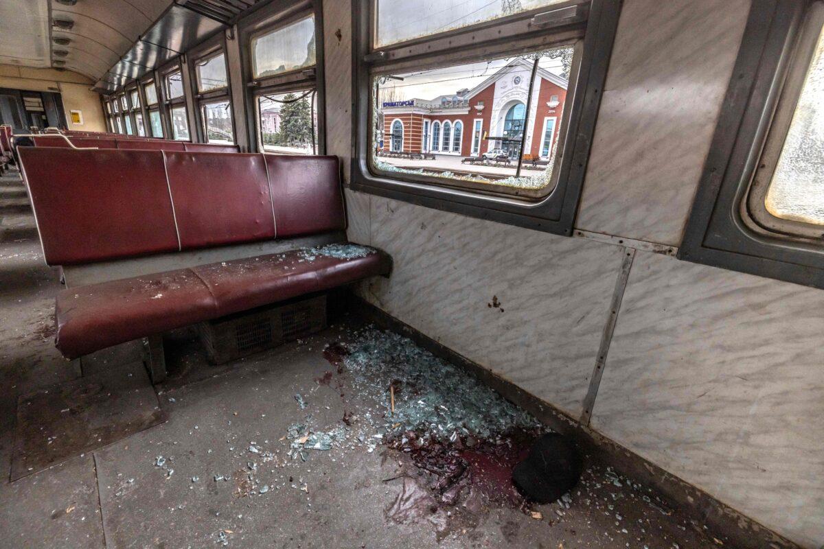 A train car after a missile attack at a train station in Kramatorsk, eastern Ukraine, on April 8, 2022. (Fadel Senna/AFP via Getty Images)