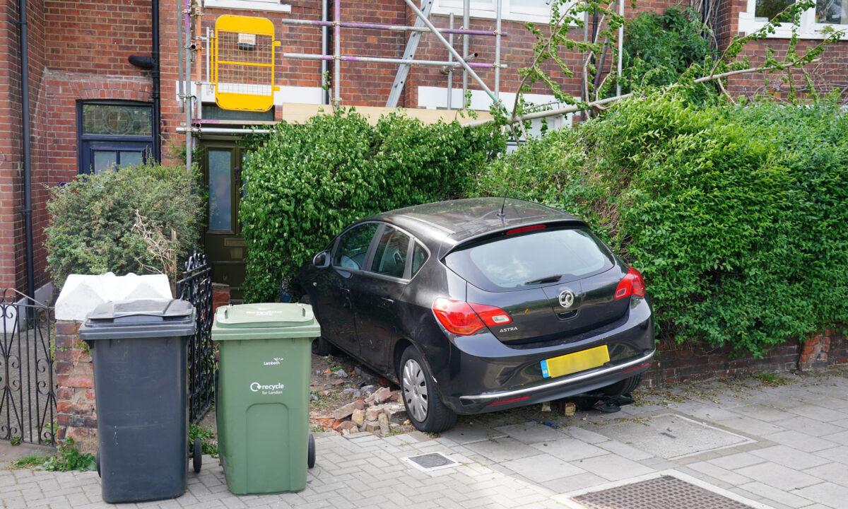 The scene at a £1.3 million townhouse owned by Prime Minister Boris Johnson which was hit by a car in the early hours, in London on May 9, 2022. (Dominic Lipinski/PA Media)