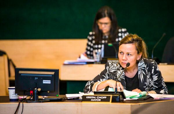 Norfolk County Mayor Kristal Chopp listens to a deputation to Norfolk County Council in Simcoe, Ont., on Sept. 3, 2019. (The Canadian Press/Tara Walton)