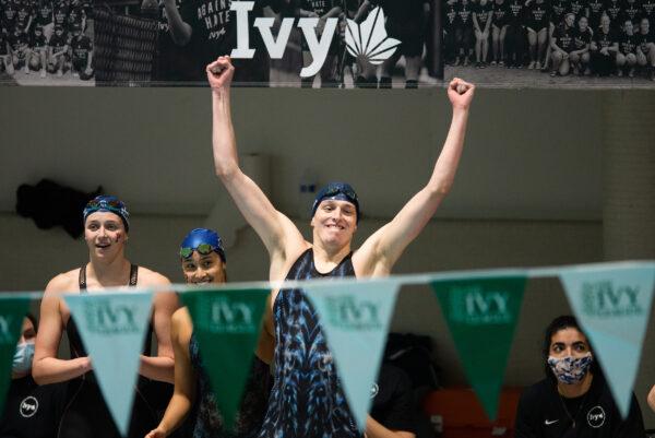 University of Pennsylvania swimmer Lia Thomas (3L), a biological male, reacts after the team wins the 400-yard freestyle relay during the 2022 Ivy League Women's Swimming and Diving Championships in Cambridge, Mass., on Feb. 19, 2022. (Kathryn Riley/Getty Images)