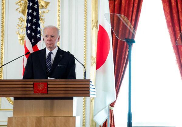 U.S. President Joe Biden speaks at a joint news conference following the bilateral meeting at Akasaka Palace in Tokyo, Japan, on May 23, 2022. Biden reiterated U.S. commitment to defending Taiwan in case of an attack by Beijing. (Jonathan Ernst/Reuters)