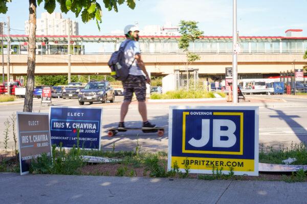 The 2022 primary racesfor Illinois governor turned out to be one of the most expensive in the nation. A campaign sign for billionaire incumbent J.B. Pritzker is seen outside a early voting location in Chicago, IL on June 24, 2022. (Cara Ding/The Epoch Times)