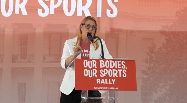 Sarah Marshall Perry, a senior legal fellow at the Heritage Foundation, speaks at the “Our Bodies, Our Sports” rally at Freedom Plaza in Washington on June 23, 2022. (Terri Wu/The Epoch Times)