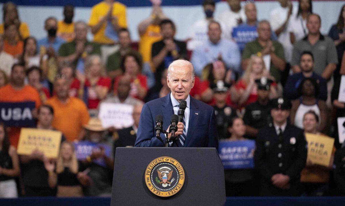 President Joe Biden speaks at Wilkes University in Wilkes-Barre, Pa, on Aug. 30, 2022. (Jim Watson/AFP via Getty Images)