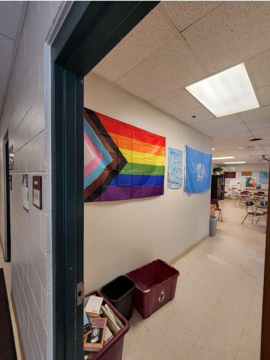 A classroom in Gorham High School in Gorham, Maine, displays an LGBT flag in 2022. (Courtesy of a student at the school who asked to remain anonymous)