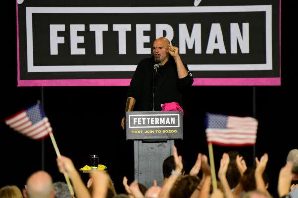 Democratic Pennsylvania Senate nominee John Fetterman holds a rally with U.S. Congresswomen Madeleine Dean and Mary Gay Scanlon at Montgomery County Community College in Blue Bell, Pa., on Sept. 11, 2022. (Mark Makela/Getty Images)