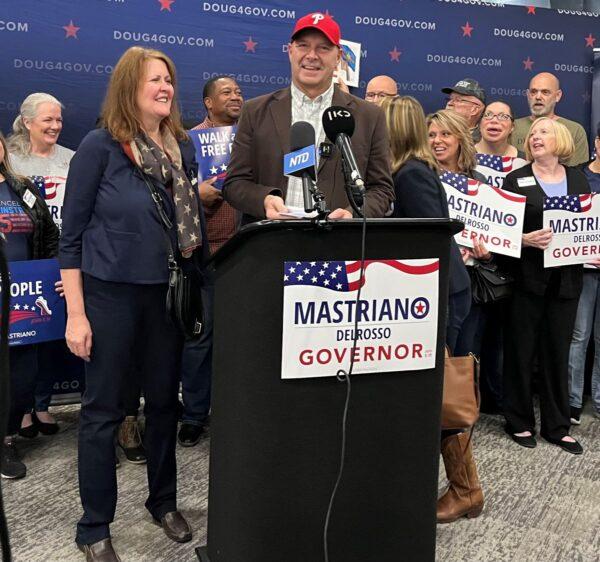 Doug Mastriano (R), Republican candidate for Pennsylvania governor, at a campaign rally with his wife, Rebbie Mastriano (L), in Manheim, Pa., on Oct. 29, 2022. (Beth Brelje/The Epoch Times)