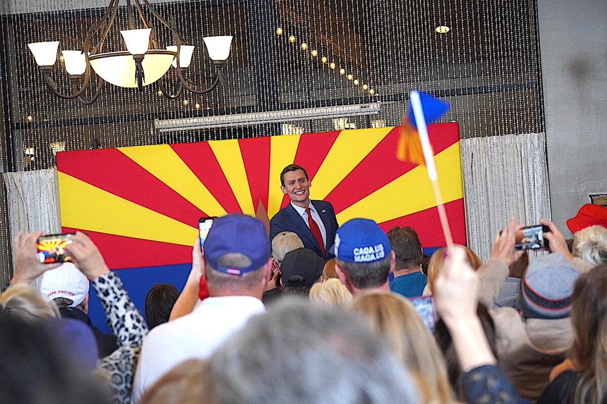 Republican U.S. Senate candidate Blake Masters addresses voters at a rally in Phoenix on Nov. 3. (Allan Stein/The Epoch Times)
