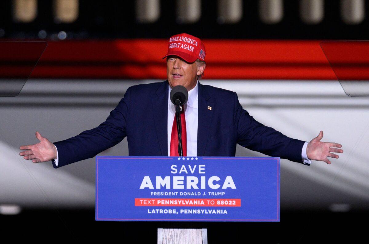 Former U.S. President Donald Trump speaks during a 'Save America' rally ahead of the midterm elections at Arnold Palmer Regional Airport in Latrobe, Penn., on Nov. 5, 2022. (Angela Weiss/AFP via Getty Images)
