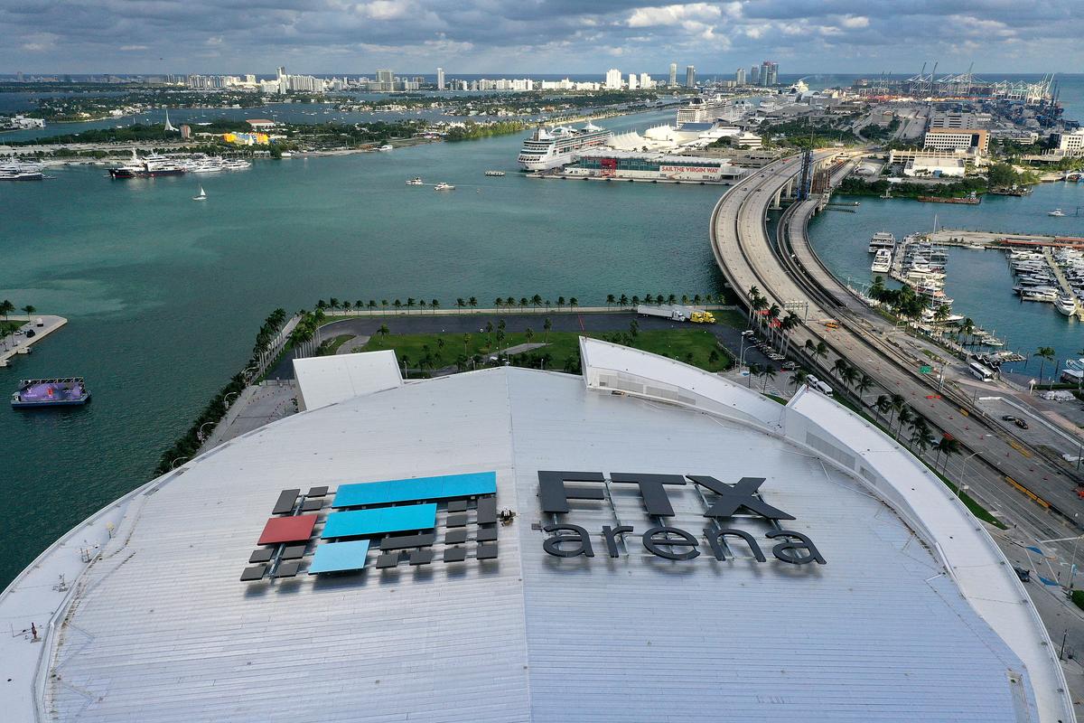 In an aerial view, the FTX Arena, which the Miami Heat call home, on Nov. 18, 2022, in Miami, Florida. Miami-Dade County and the Miami Heat are ending their arena naming rights deal with the company. (Joe Raedle/Getty Images)