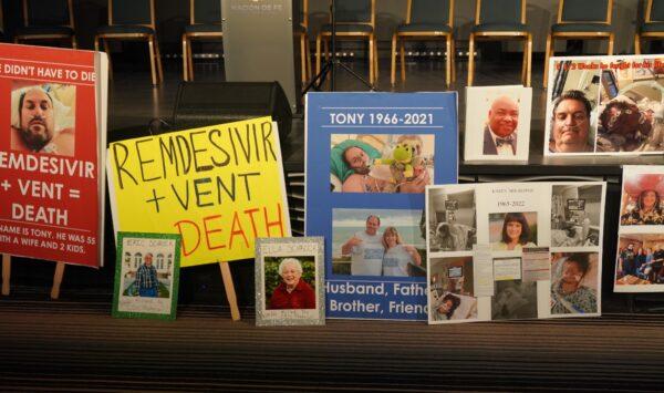 Family members upset about hospital treatment for COVID-19 displayed these posters at a press conference on Oct. 13, 2022, in Kissimmee, Fla. (Nanette Holt/The Epoch Times)
