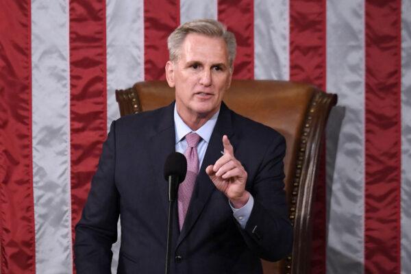 Rep. Kevin McCarthy (R-Calif.) delivers a speech after he was elected on the 15th ballot at the U.S. Capitol in Washington, on Jan. 7, 2023 (Olivier Douliery/AFP via Getty Images)