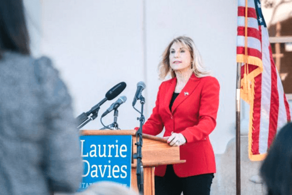 Assemblywoman Laurie Davies (R-Laguna Niguel) at a press conference in San Juan Capistrano, Calif., on Feb. 7, 2022. (Tim Kearns)