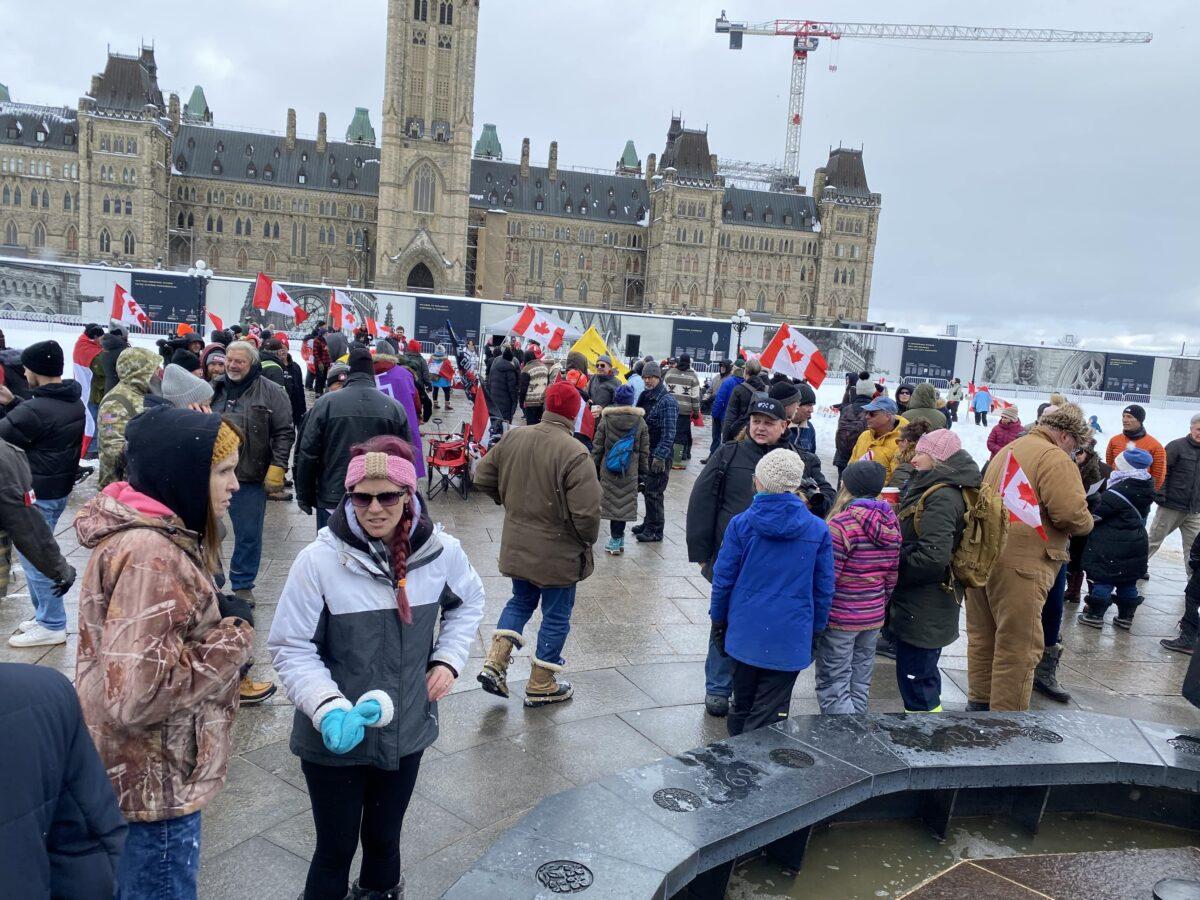 Hundreds gather on Parliament Hill to celebrate the first anniversary of the Freedom Convoy protest in Ottawa on Jan. 28, 2023. (The Epoch Times/Limin Zhou)