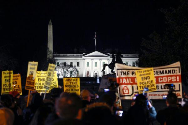 Demonstrators participate in a protest against the police killing of Tyre Nichols near the White House in Washington, on Jan. 27, 2023. (Tasos Katopodis/Getty Images)