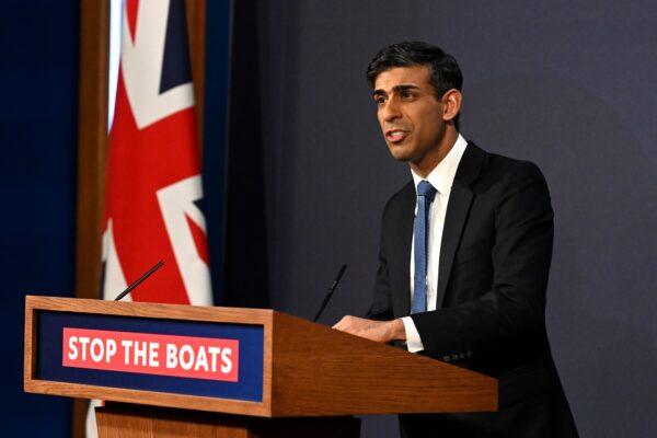 Prime Minister Rishi Sunak speaks during a press conference following the launch of new legislation on illegal Channel crossings, at Downing Street, central London, on March 7, 2023. (Leon Neal/Getty Images)