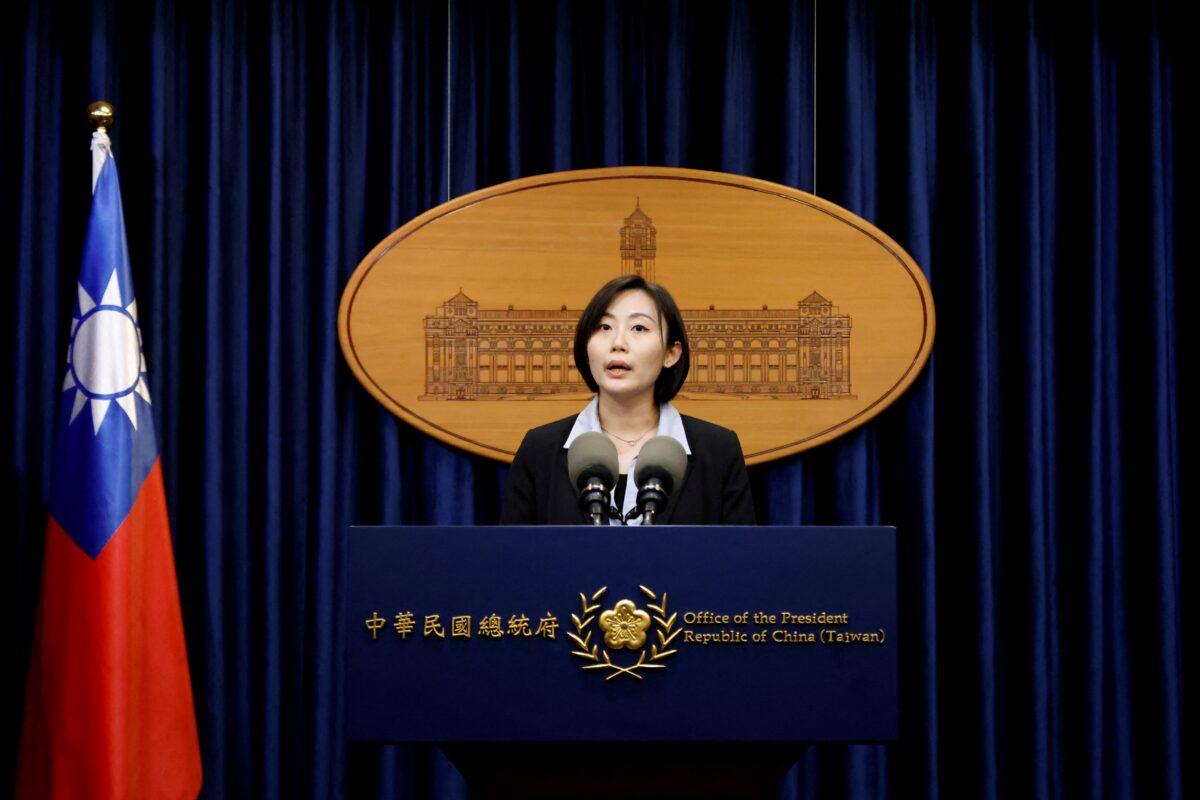 Taiwan presidential office spokesperson Lin Yu-chan speaks during a news conference in Taipei, Taiwan, on March 21, 2023. (Carlos Garcia Rawlins/Reuters)