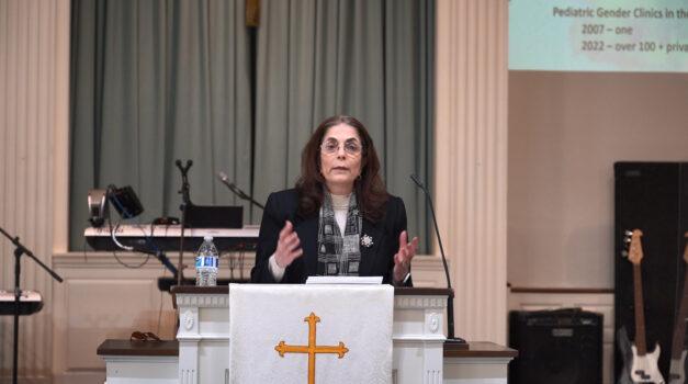 Elana Fishbein, founder and president of No Left Turn in Education, spoke at the “Innocence Under Siege” event in Huntingdon Valley, Pa., on March 18, 2023. (Jennifer Yang/The Epoch Times)