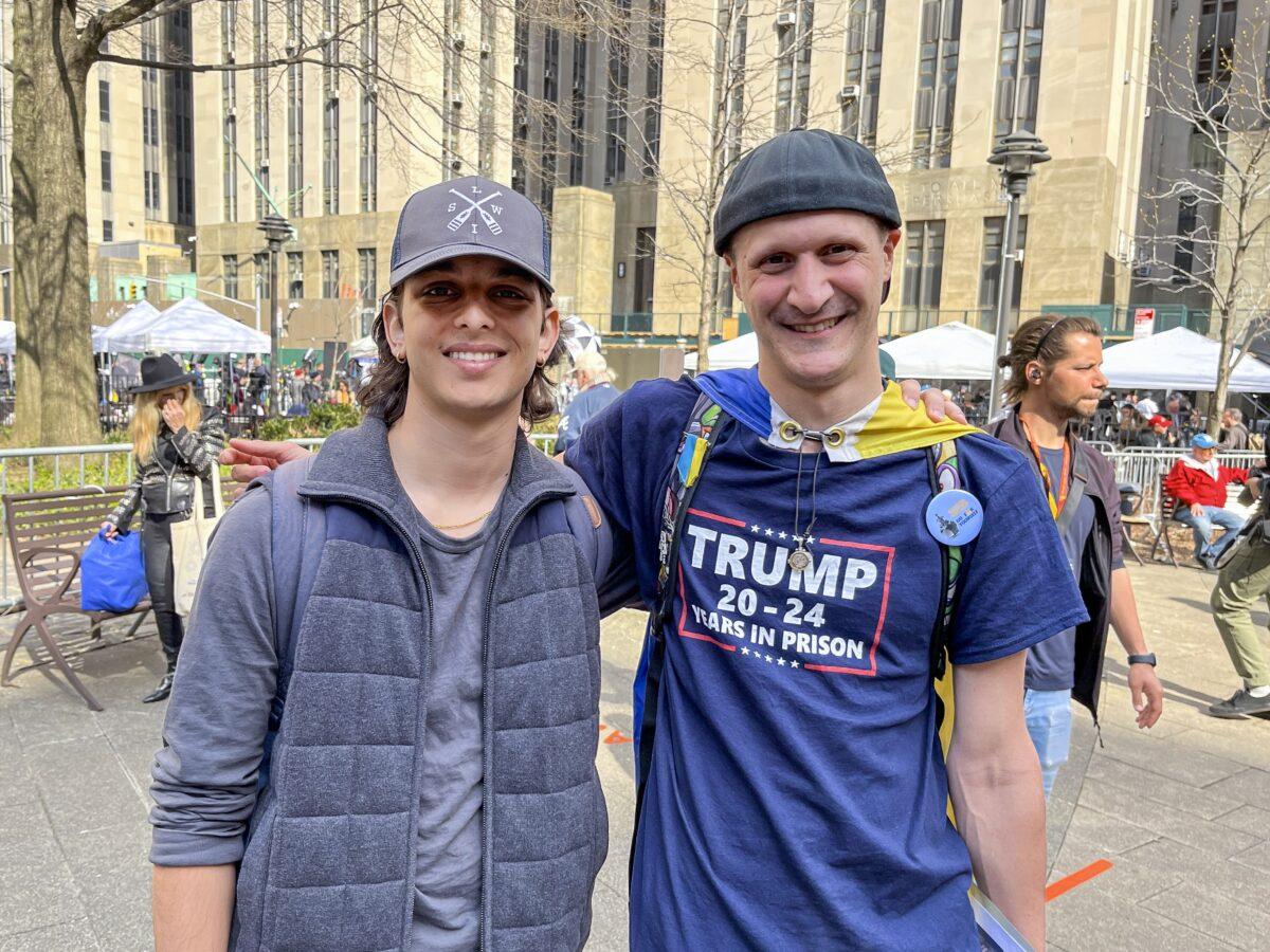 Lukas Ventouras (L) and Demetri Kavadas gather with other supporters of former President Donald Trump in New York City on April 4, 2023. (Eva Fu/The Epoch Times)