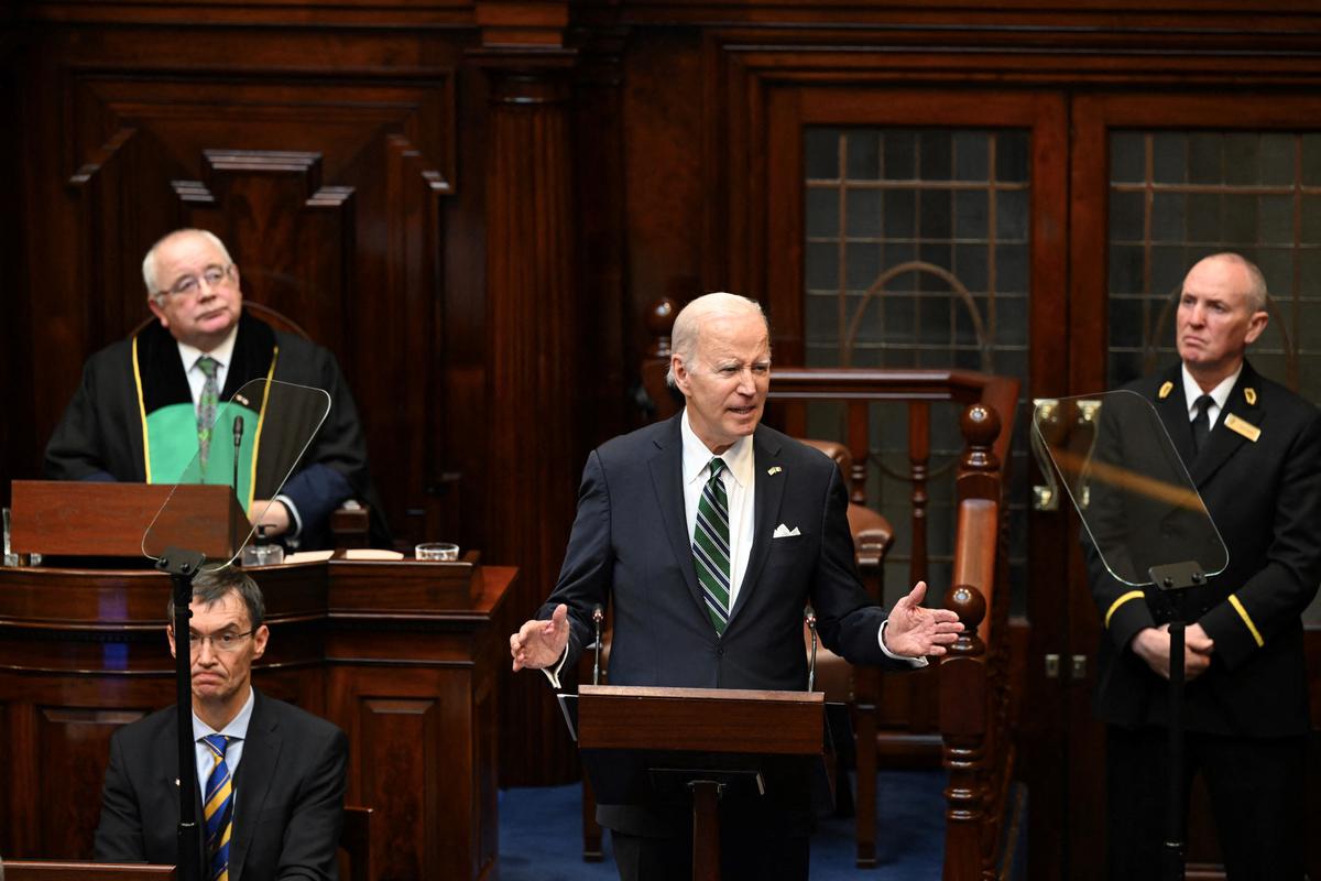 U.S. President Joe Biden addresses the Irish Parliament at Leinster House in Dublin, Ireland, on April 13, 2023. (KENNY HOLSTON/POOL/AFP via Getty Images)
